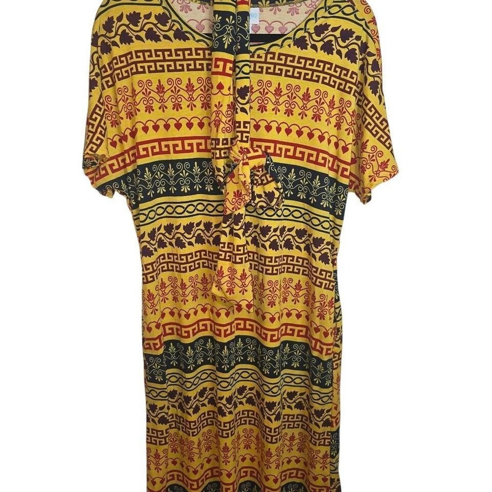 LuLaRoe Carly Dress Yellow Bohemian Geometric Floral Print Short Sleeve Midi L